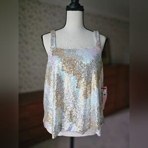Anthropology Sequin Square-Neck Tank Top in Iridescent Gold & Silver